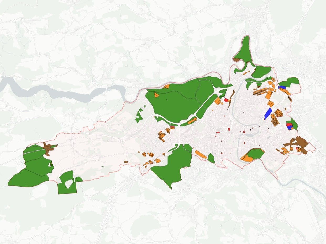 Carte des biens fonciers de la commune bourgeoise de Berne sur le territoire communal de la ville de Berne