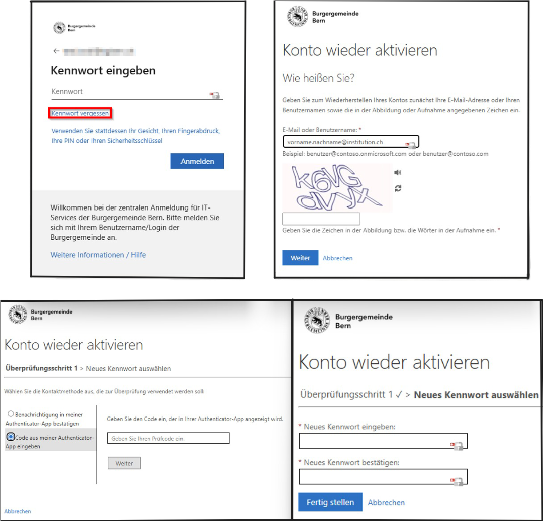 4 Screenshots des Vorgehens bei "Passwort vergessen"