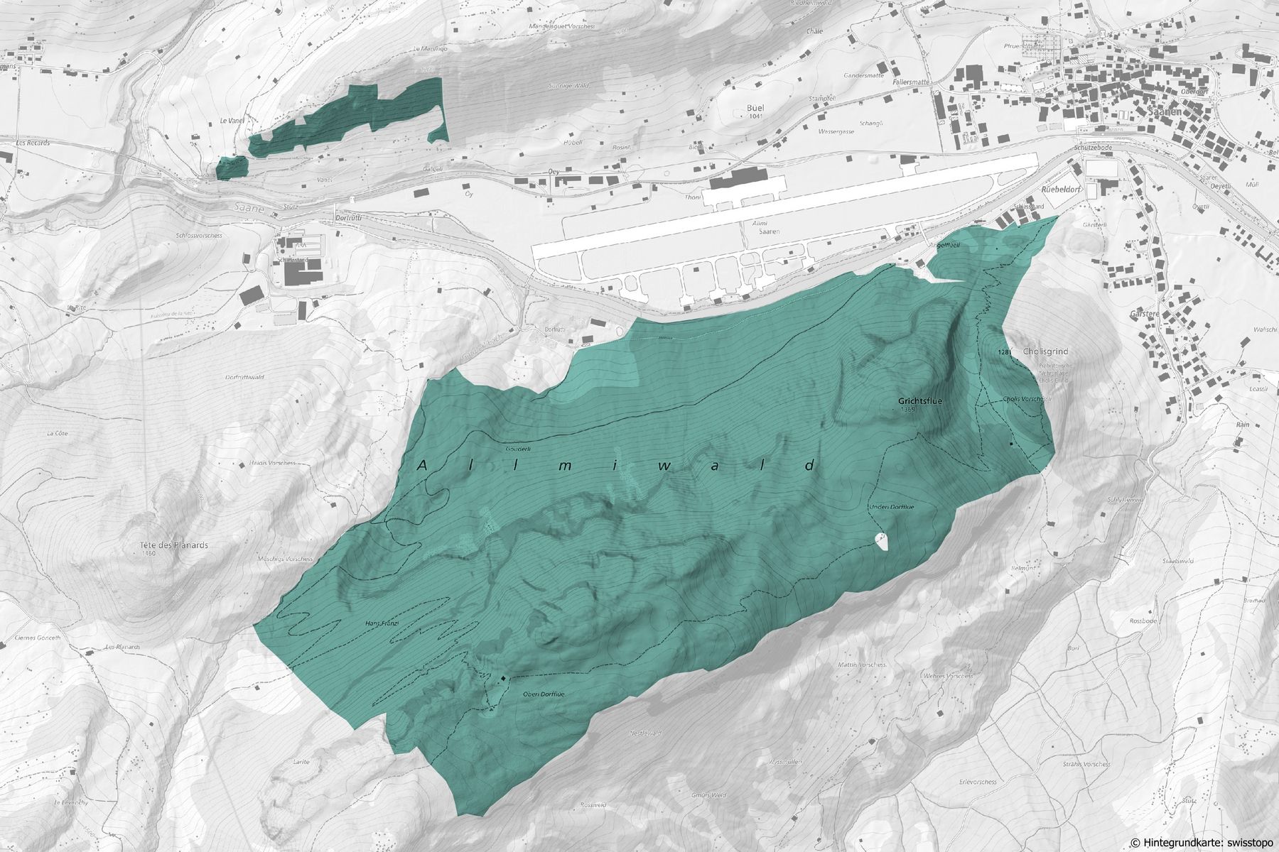 Ausschnitt aus topografischer Landeskarte mit Gebiet Almiwald bei Saanen