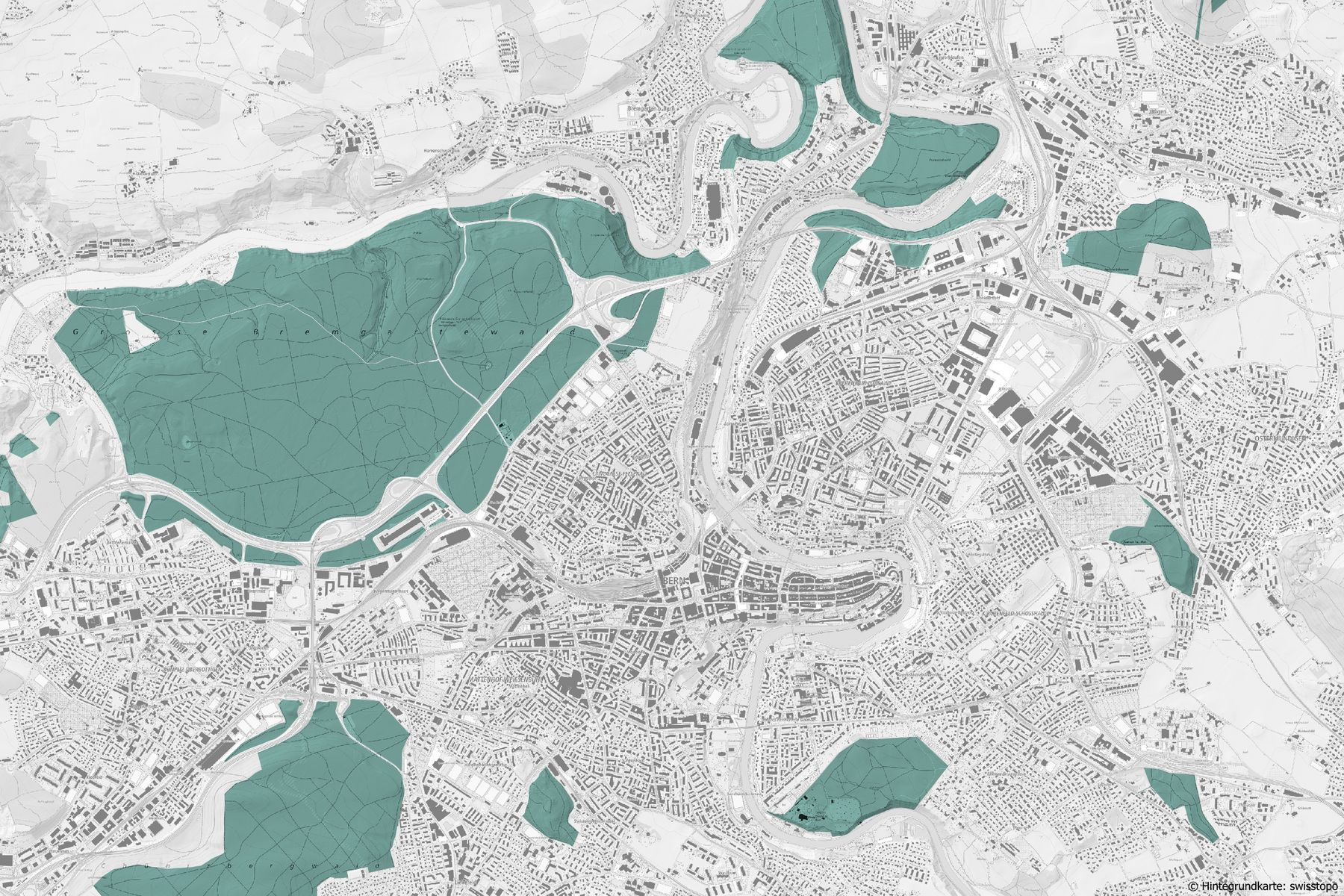 Ausschnitt aus topografischer Landeskarte mit Waldgebieten in und um die Stadt Bern